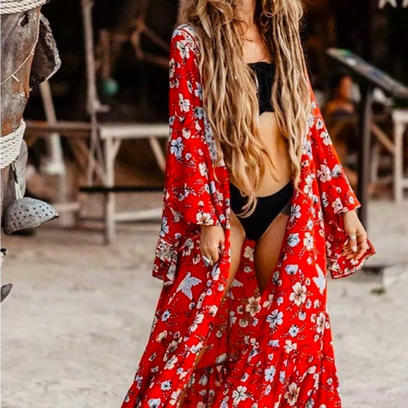 Vintage Floral Print Wrap Dress Kimono Robe Duster Cardigan - Picture 3 of 8